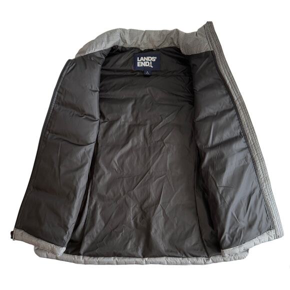 LANDS END Black White Micro Gingham Down Puffer Vest Funnel Neck Preppy EUC Lg - Picture 7 of 7